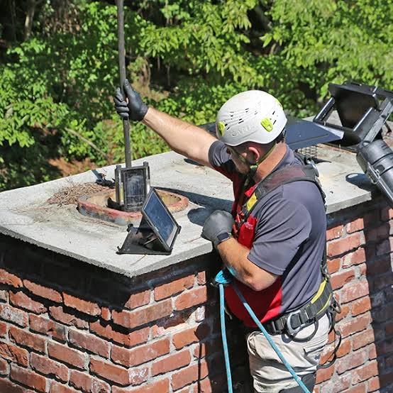 Helmeted person examining a brick chimney opening with inspection equipment